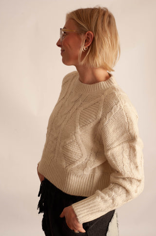 A woman with blonde hair and glasses wearing a cream-colored cable-knit sweater, shown in profile against a plain light beige background.