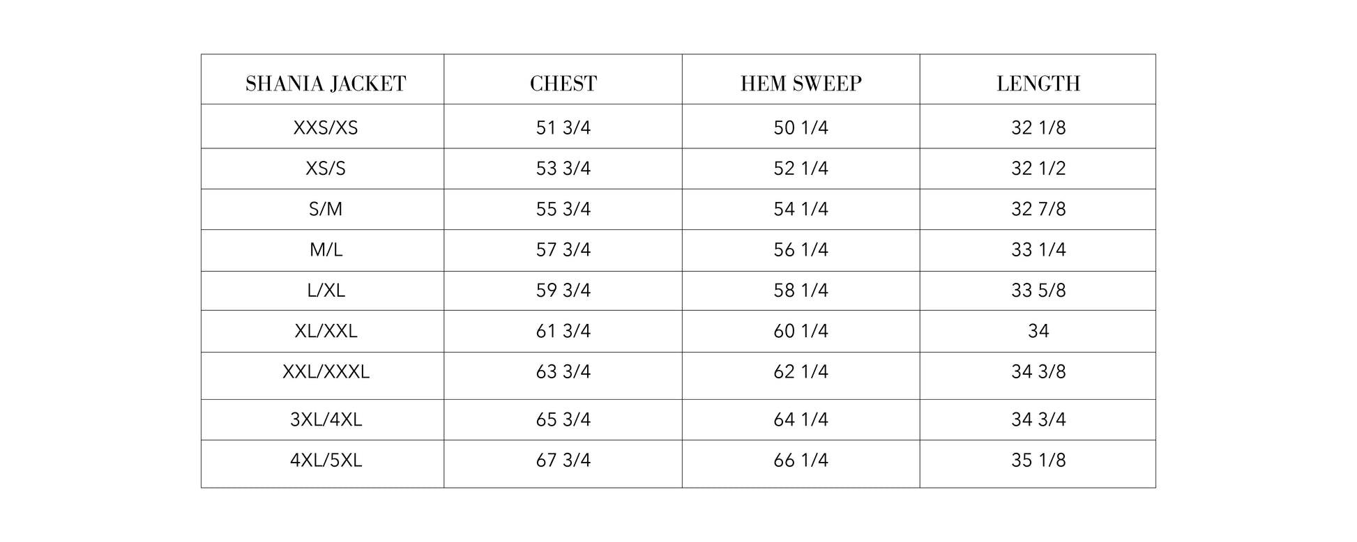 Measurement chart for Shania jacket sizes with chest, hem sweep, and length dimensions.