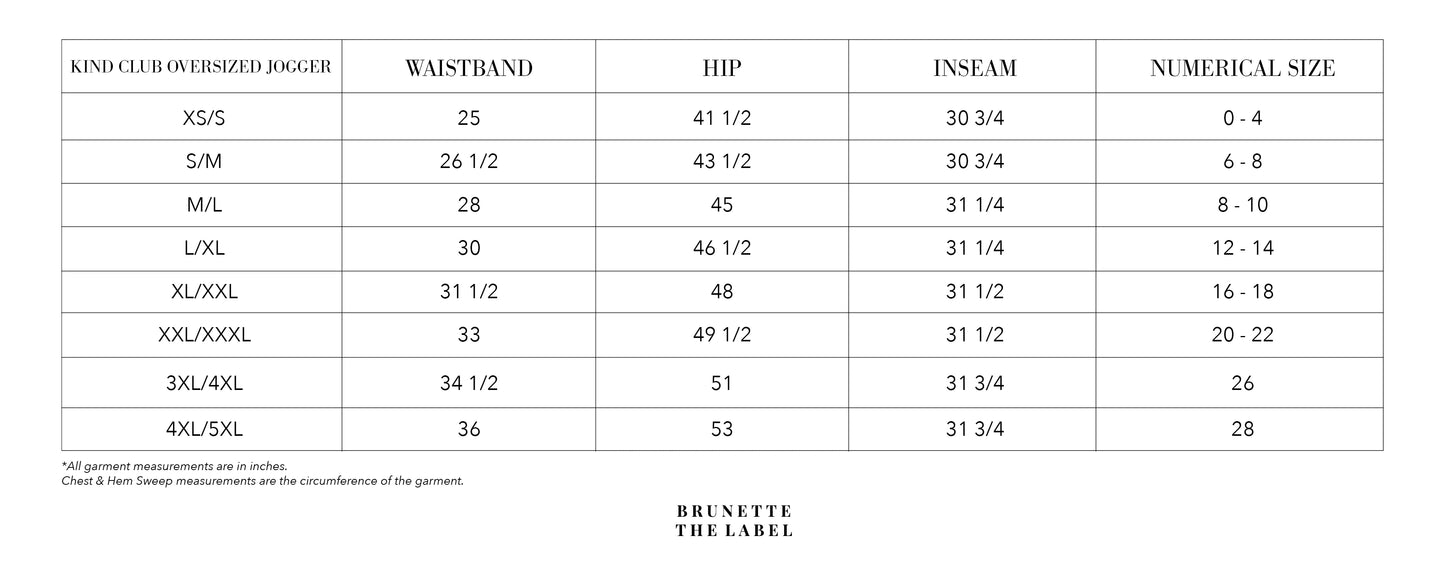 Size chart for oversized jogger pants with measurements in inches.