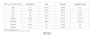 Size chart for oversized jogger pants with measurements in inches.