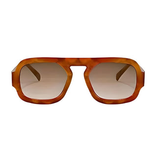 A pair of retro-inspired Aviator sunglasses with a patterned frame and orange lenses.