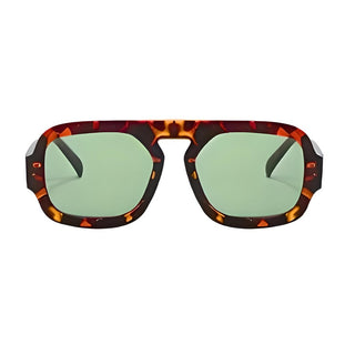 A pair of retro-inspired Aviator sunglasses with a patterned frame and green lenses.