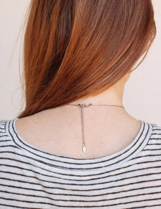 Person wearing a delicate necklace with a small pendant on a plain background