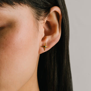 Close-up of an ear wearing a gold star-shaped earring against a neutral background