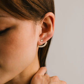 Women wearing a sparkly ear jacket earring. 