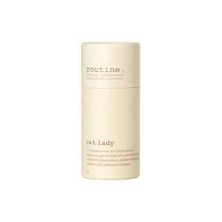 Deodorant container labeled 'cat lady' on a white background
