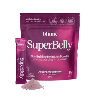 Blume SuperBelly gut-building hydration powder packaging with acai pomegranate flavor on a white background.