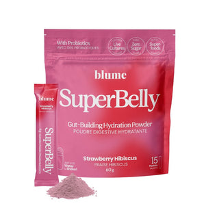 Blume SuperBelly gut-building hydration powder packaging with a small packet and powder on a white background