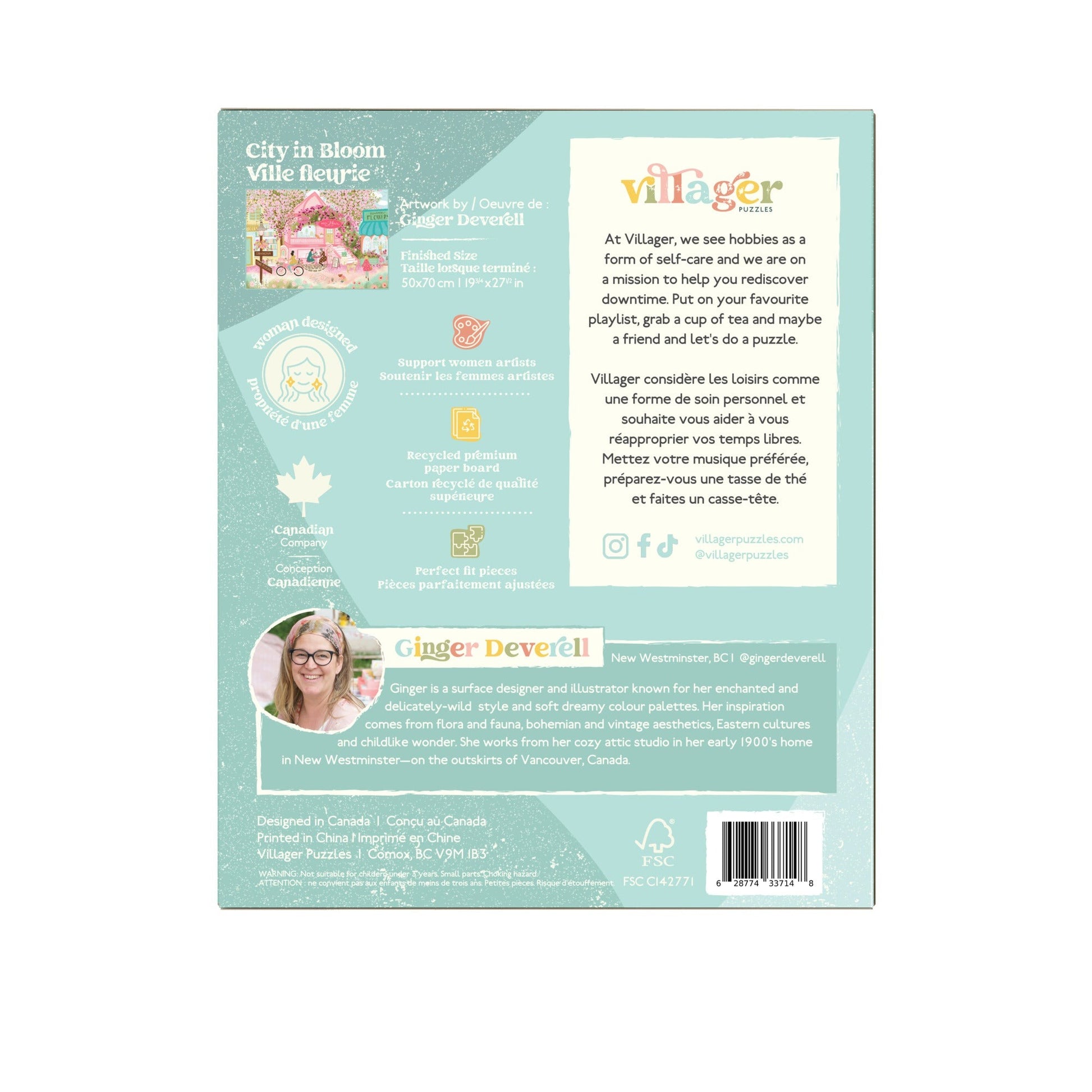 Back of a product packaging with branding and text on a light blue background