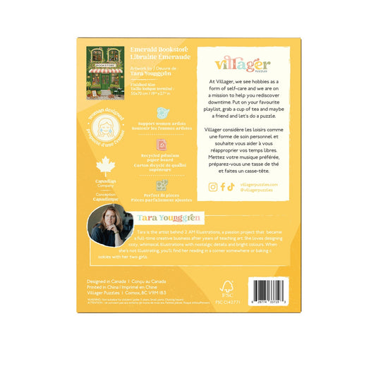 Back cover of a book with text and branding on a yellow background