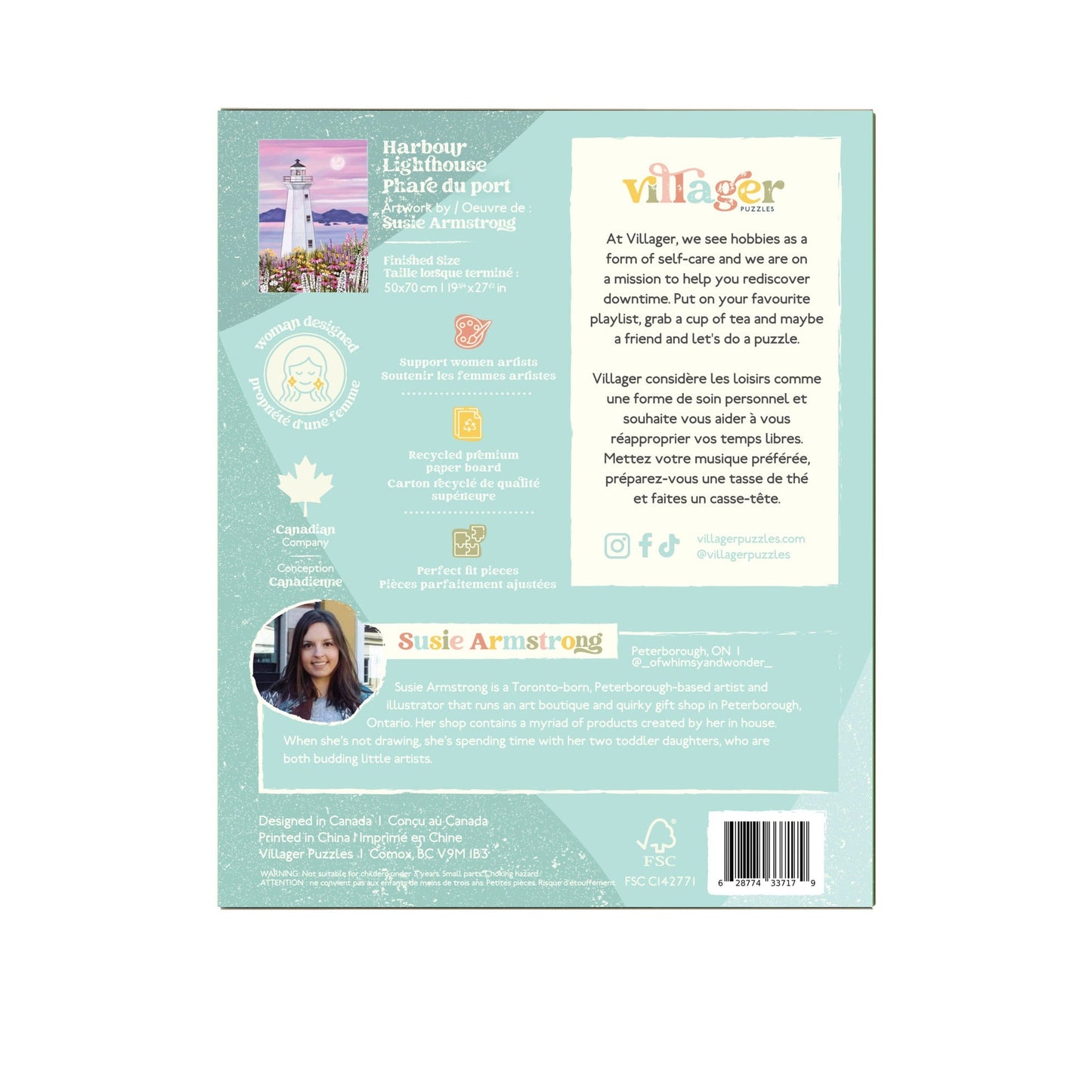 Villager puzzle packaging with branding and product details on a white background