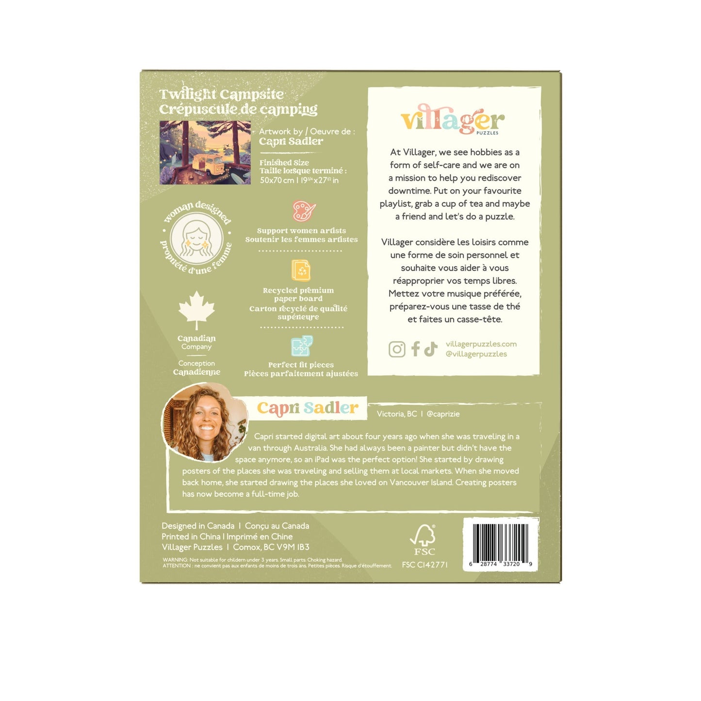 Back of a product packaging with branding and text on a white background