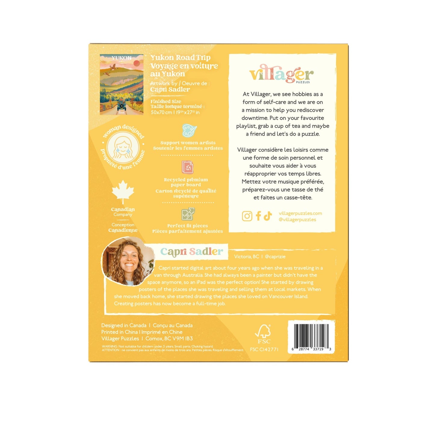 Back cover of puzzle  with text and branding on a yellow background