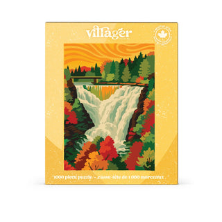 Villager Canada 1000-piece jigsaw puzzle box featuring a colorful illustration of a waterfall surrounded by autumn trees and a sunset sky, set against a plain white background.