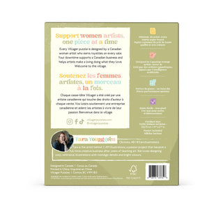 The back cover of a puzzle box by Vilar+Gersten, featuring product details, instructions, and a small photo of the designer, Tara Young Gersten, on a light olive green background.
