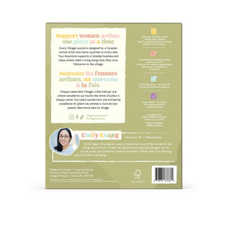 The back cover of a product box shown against a plain white background. The box is a muted sage green with a large cream text panel, a small circular photo of Emily Kuang, product details, and a barcode near the bottom right.
