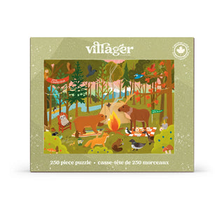 Villager Canada 250-piece jigsaw puzzle box featuring a colorful illustrated forest scene with animals, trees, and a campfire on a light olive-green background.
