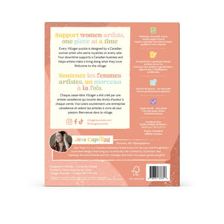 The back cover of a puzzle box for 'Jess Capeling's Villager Puzzle' in French and English, featuring a warm peach and cream color scheme with product details, social media handles, and a barcode.