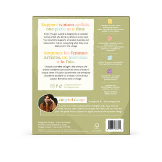 The back of a Vilger Puzzle wooden toy box, featuring product information in English and French, a photo of designer Kourni Gasp, and a barcode on a light sage green background.