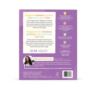 The back of a purple Vullieras wooden puzzle box, featuring product information in English and French, a photo of designer Maude Gervais, and a barcode.