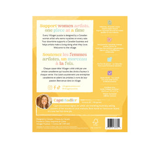 The back cover of a yellow book or booklet titled 'Support women artists, one piece at a time' with bilingual English and French text, a small photo of a woman, and a barcode at the bottom right.