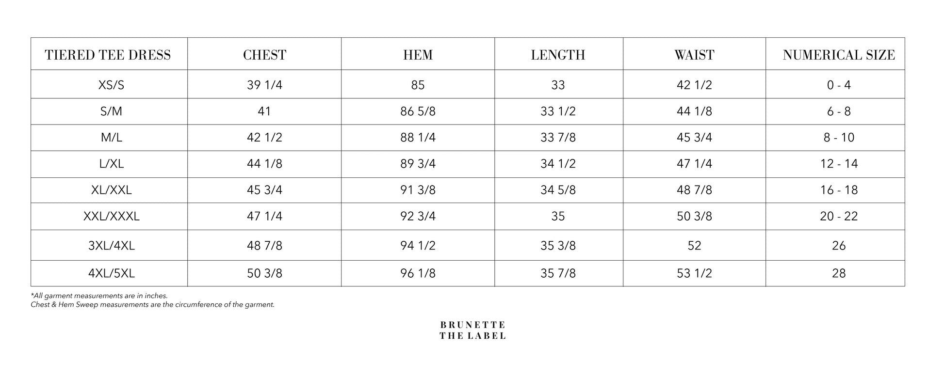 Size chart for tiered tee dresses with measurements in inches.