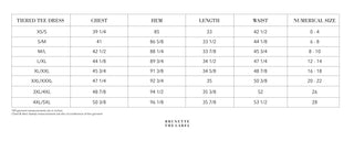 Size chart for tiered tee dresses with measurements in inches.