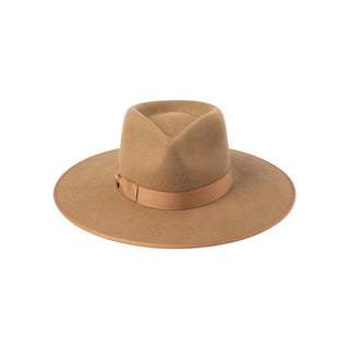 Brown fedora hat with a ribbon on a white background