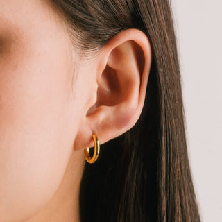 a person wearing gold earrings