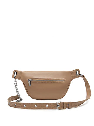 Beige waist bag with a chain detail on a white background