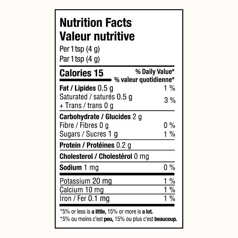 Nutrition facts label for a product per 1 tsp (4 g) on a white background