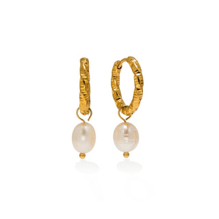 Gold hoop earrings with pearl drops on a white background