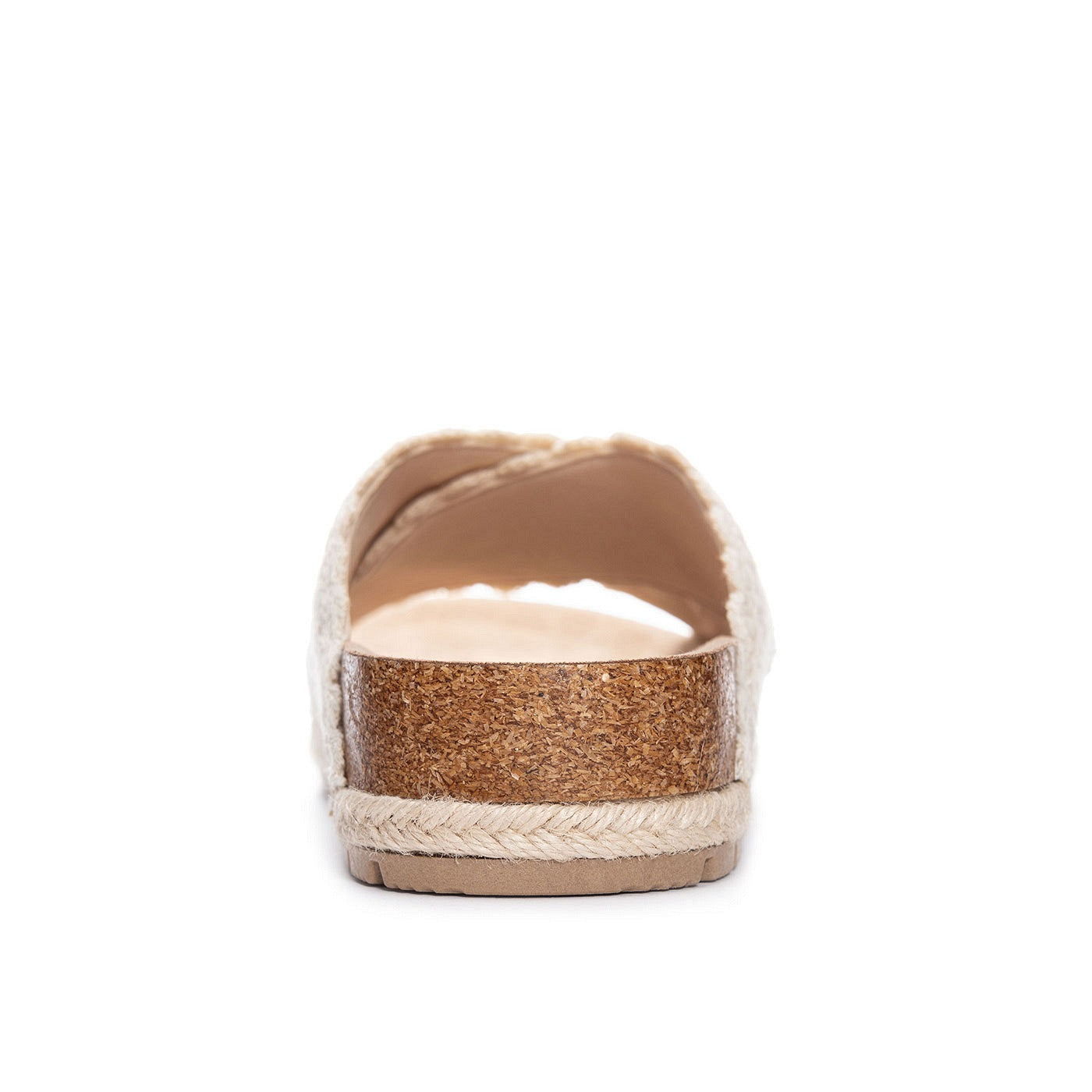 Close-up of a sandal with cork sole on a white background
