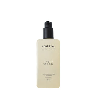 Bottle of 'routine.' soap with text on a white background
