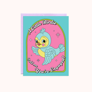 Greeting card with cartoon bird illustration and text on a pink background