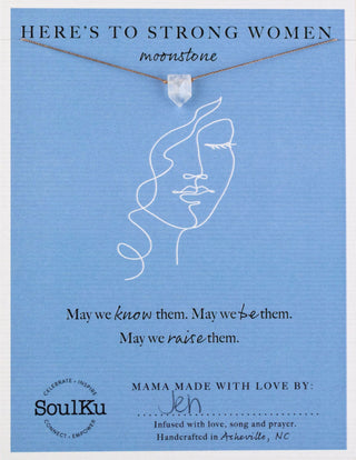 Necklace with moonstone pendant on a blue card featuring text and SoulKu branding.