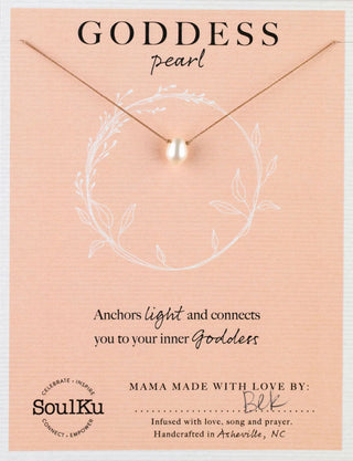 Goddess pearl necklace on a pink card with 'SoulKu' branding