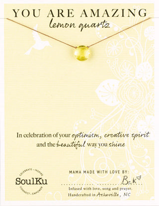 Necklace with lemon quartz pendant on a 'You Are Amazing' card from SoulKu.