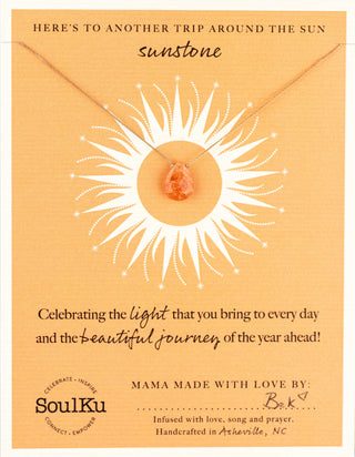 Sunstone necklace on a card with text and SoulKu branding
