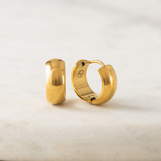 A pair of gold-colored hoop earrings on a light background.