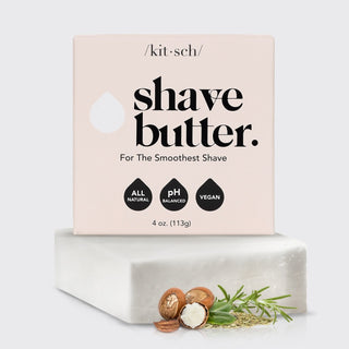 Kitsch shave butter packaging with a bar of soap and ingredients on a white background