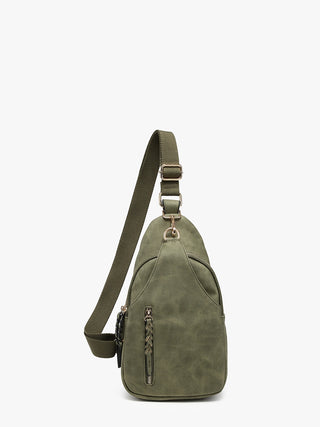 An olive green sling bag with a matching adjustable shoulder strap, shown against a plain white background.