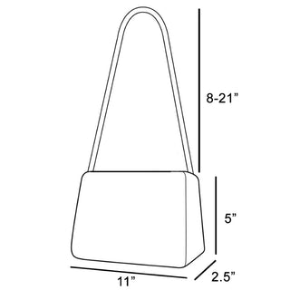 Black line drawing of a shoulder bag with dimension labels showing height, width, and depth on a white background.