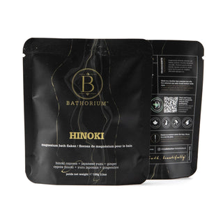 Black packaging of Batherium Hinoki bath fakes with branding and product details.