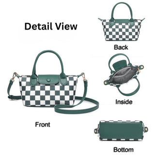 A handbag shown with multiple labeled views on a white background: Front, Back, Inside, and Bottom. The bag has a dark green and white checkerboard pattern, dark green handles and strap, and a dark gray interior.