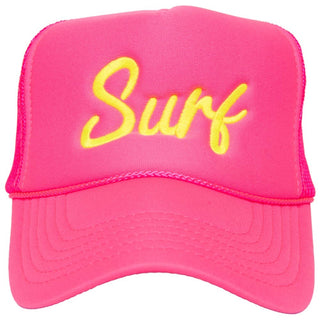 Pink cap with yellow 'Surf' text on a white background