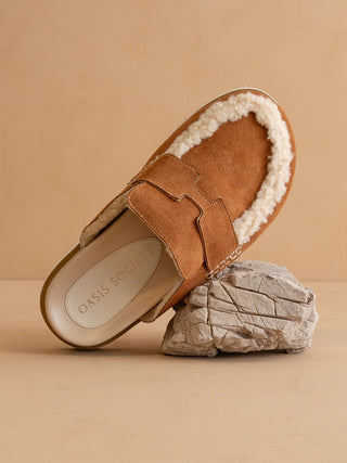 Brown slipper with white fur lining on a beige background