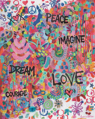 Colorful abstract artwork with motivational phrases on a white background