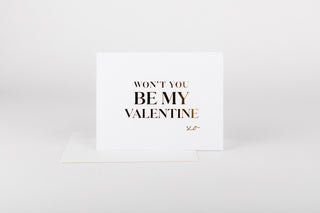 Valentine's Day card with 'Won't you be my Valentine?' text on a white background