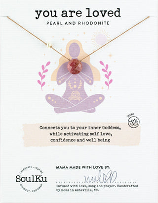 Necklace with pendant featuring a woman and rose, labeled 'you are loved' by SoulKu.